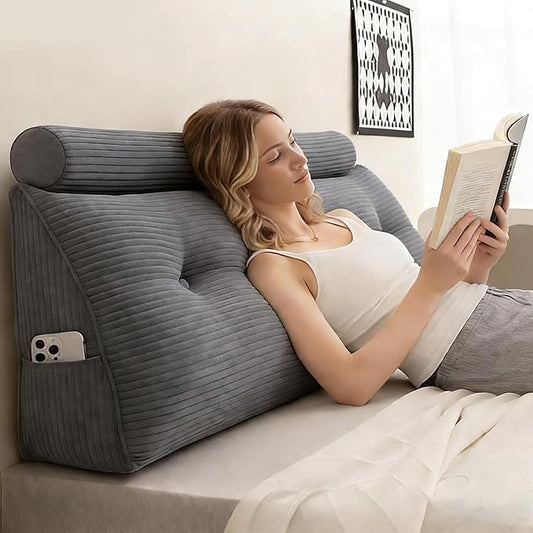 Headboard Pillow Twin, Large Triangular Wedge Cushion with Neck Roll Pillow for Reading Sitting Working, Backrest Positioning Support Bodypillow with Removable Washable Cover for Bed Dorm Sofa