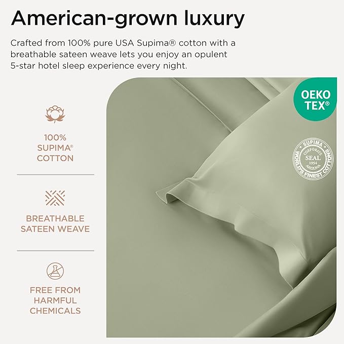 Threadmill Luxury Pillow Cases Queen | Standard Size Set of 2 | 1200 Thread Count 100% USA Supima Cotton | Soft Solid Sateen, Breathable Pillow Covers Fits Queen Pillows | Sage Green