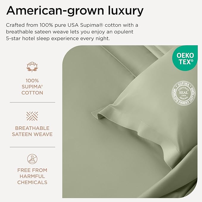 Threadmill Luxury Pillow Cases King Size Set of 2 | 1200 Thread Count 100% USA Supima Cotton | Soft Solid Sateen, Breathable Pillow Covers Fits King Pillows | Sage Green