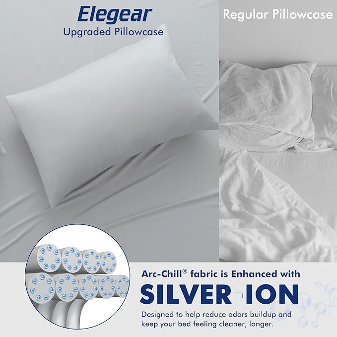 Elegear Cooling Pillow Cases for Hot Sleepers, Clean Fabric Silver Infused Cooling Pillowcase Q-Max>0.5, Soft Silky Pillowcases for Hair & Skin, Summer Zipper Pillowcase Cover Set of 2-King Gray