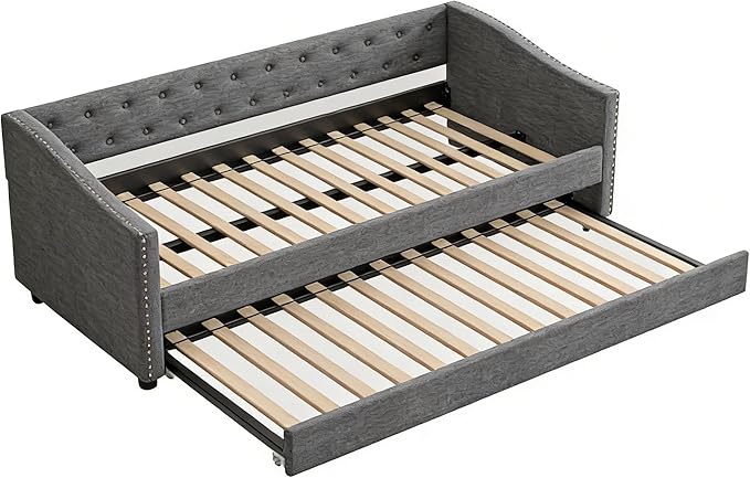 Upholstered Daybed with Trundle, Twin Size Day Bed w/Button-Tufted Back and Piping on Waved-Shape Arms for Bedroom or Guest Room, No Box Spring Required, Dark Gray