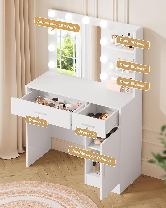 LIVELYGLOW White Makeup Vanity with 10 Hollywood Light Bulbs, 35.4" Wide Dressing Table with Large Mirror & Dimming Function, Small Space Vanity Desk with 2 Drawers, Storage Cabinet & Shelves
