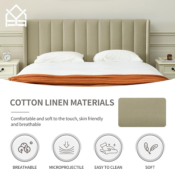 YUHUASHI upholstered Platform Bed Frame/Full Bed Frame/Modern Geometric Double-Wing Design headboard/Linen Fabric/Easy to Assemble no Noise (Beige, Full)