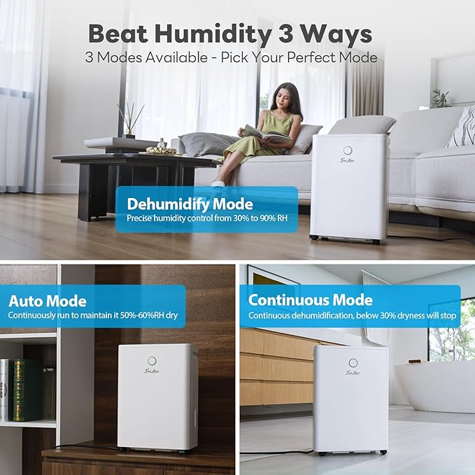FreAire 2500Sq.Ft Dehumidifier, 34Pint Dehumidifiers for Home, Quiet Dehumidifier for Basement, Bedroom, Bathroom, with 6.56FT Drain Hose, 0.53Gal Water Tank, 3-Color Humidity Light