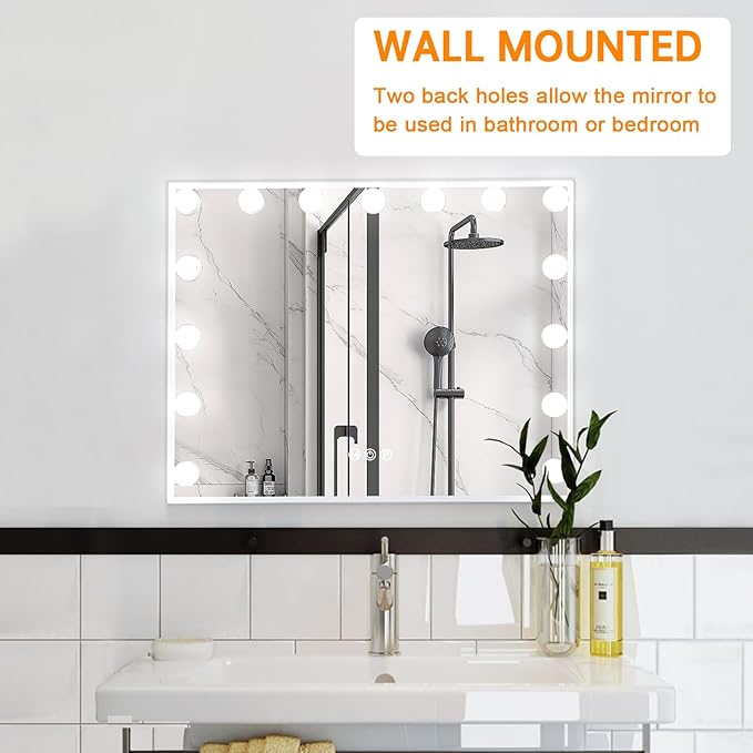FENCHILIN Vanity Mirror with Lights, 22.8"x 18.1" Hollywood Makeup Mirror with 15 LED Dimmable Bulbs Lighted USB Charging Port 10X Magnification Tabletop for Bedroom