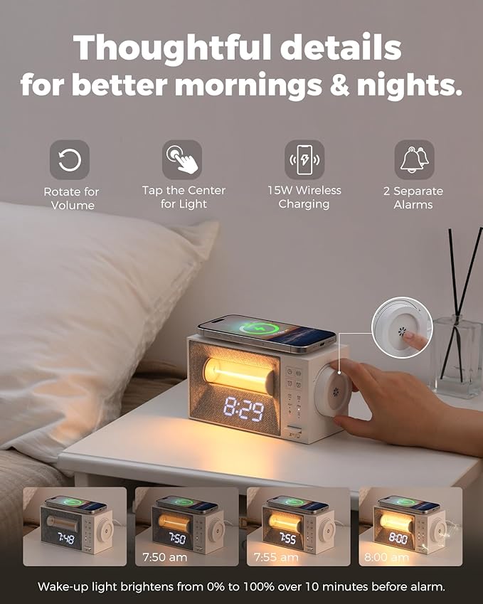 Alarm Clock with 15W Wireless Charger, White Noise Machine with 20 Soothing Sounds, Sunrise Wake Up Light for Bedrooms, Dimmable Bedside Clock with Dual Alarms, Gift for Kids and Adults