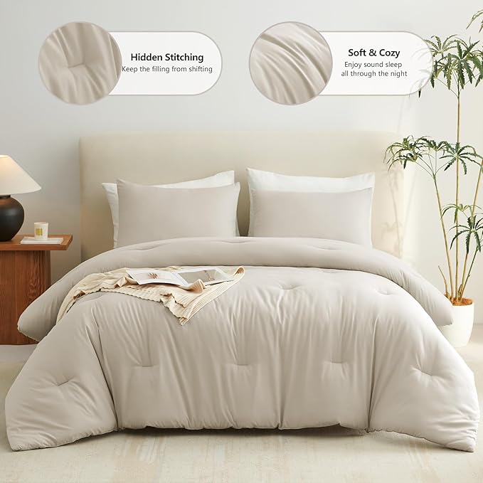 CozyLux Queen Comforter Set Oatmeal, 3 Pieces Solid Comforters Queen Size Breathable Quilted Bedding Sets, Luxury Soft Lightweight Bed Set with Down Alternative Comforter and 2 Pillowcases All Seasons