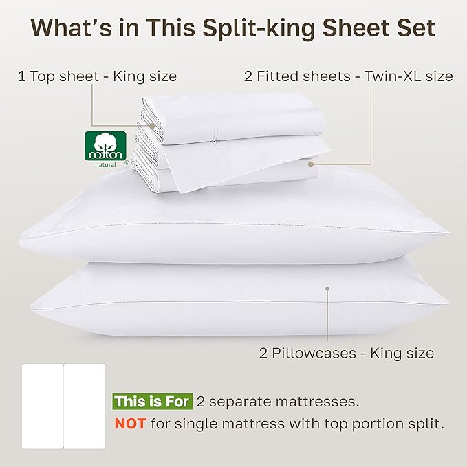 California Design Den Split King Sheets Sets for Adjustable Bed - Buttery Soft 800 Thread Count, 100% Cotton Sateen, Durable Bedding Set - White