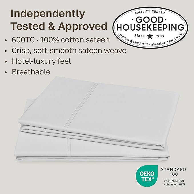 California Design Den Premium King Pillow Covers Set of 2-600 Thread Count Sateen, Natural 100% Cotton Pillow Cases King, Crisp, Durable Bedding - Light Silver