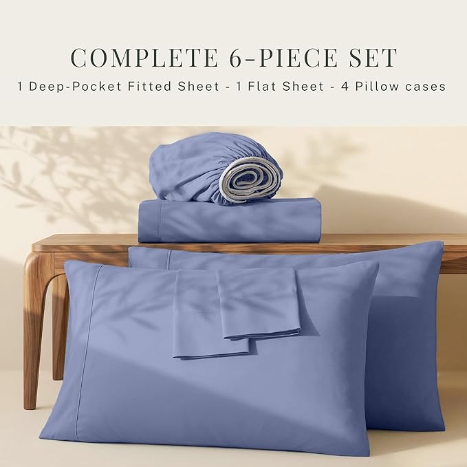 Hearth & Harbor Extra Deep Pocket Sheets - Fits Mattress 18-24 Inches Deep - Extra Deep Pocket Full Size Sets - 6 Piece Full Size - Full - Steel Blue