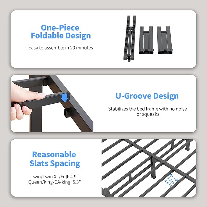 ROIL 18 Inch Twin Size Bed Frame with Mattress Slide Stopper - Single Black Basic Anti Squeak Steel Slats Metal Platform, Heavy Duty Noise Free Easy Assembly Bedframes, No Box Spring Needed