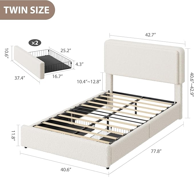 Garvee Twin Size Teddy Fleece Bed Frame, Upholstered Platform Bed with 2 Storage Drawers, Height Adjustable Headboard, Thick Soft Teddy Fabric Bed for Kids Teens, No Box Spring Required, Cream, 1PCS
