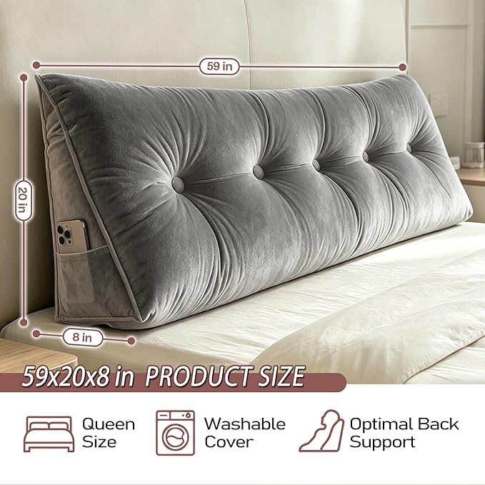 Headboard Pillow Queen, Triangle Wedge Pillow for Headboard, Ergonomic Backrest Cushion for Reading Sitting Working Removable Crystal Velvet Cover for Bed Dorm Sofa (Dark Gray, Queen)