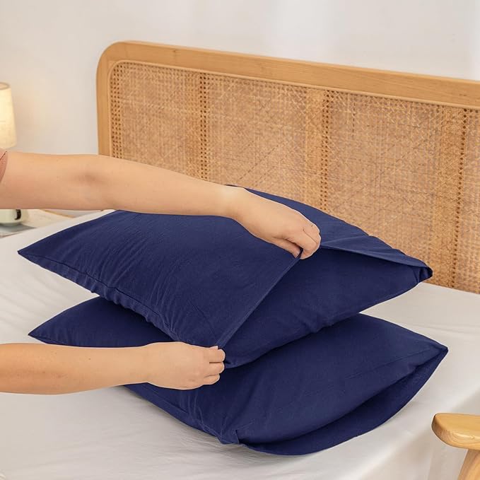 BESTOUCH 100% Washed Cotton Pillowcase for Hair and Skin Linen Feel Soft Comfortable Breathable 2 Set Pillow Case with Envelope Closure Solid Navy Blue King 20x36 Inches