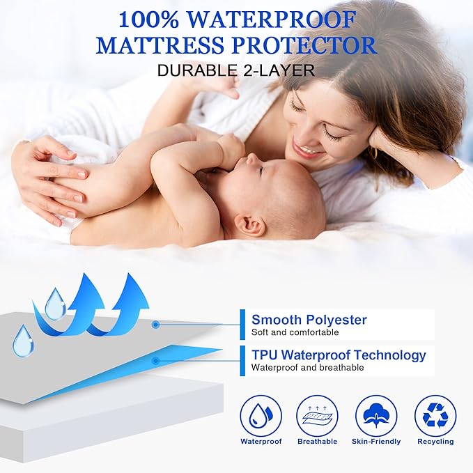 Sufdari Mattress Protector,Waterproof Mattress Cover Queen,18" Deep Pocket Mattress Protector,Fitted Sheet Style with Elastic Rubber Band,Washable and Easy Care-White,Queen