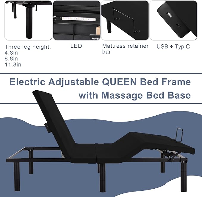 Fromann Adjustable Electric Split King Bed Base Frame with Massage,USB Type-C Ports, Zero Gravity, Under Bed Led Lighting and Three Leg Height (Black)