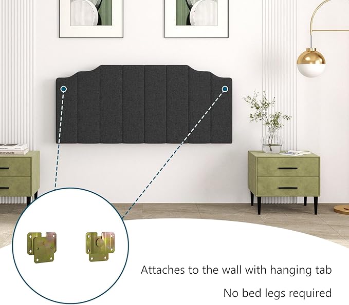 Befurtori Queen Size Headboard Only, Linen Wall Mounted Headboard Queen/Full Size for Adjustable Bed, Modern Vertical Channel Design with Curved Tufted Upholstered Head Board, Dark Gray