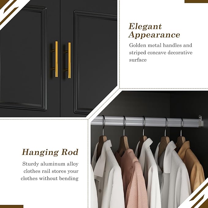 Hlivelood Large Armoire Wardrobe Closet Cabinet with Drawers and LED Lights, Multi-Tier Shelves, Hanging Rod, Large Capacity Storage 4 Door Wardrobe Armoire with Top Cabinet for Bedroom, Black