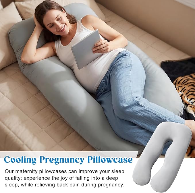 Hahafelt Cooling Pregnancy Pillow Cover (Only Pillowcase) 57 Inch Large U Shaped Full Body Pillowcase Maternity Stretchy Soft Breathable Cool Pillow Cover with Zipper for Side Sleeper (Gray)