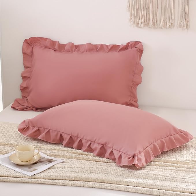 Pink Mocha Pillow Shams Cute Ruffle Queen Pillowcases Solid Pillow Cover Set of 2 Shabby Chic Soft Pink Pillowcases 2 Pack (Queen (20''x30''), Pink Mochae)