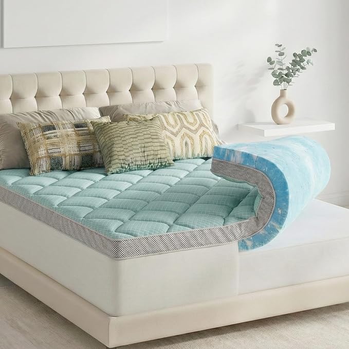 Novilla 4 Inch Dual Layer Memory Foam Mattress Topper, 2 Inch Gel Memory Foam and 2 Inch Cooling Down-Alternative Mattress Pad Cover for Back Pain, Breathable & Certi-Safe, California