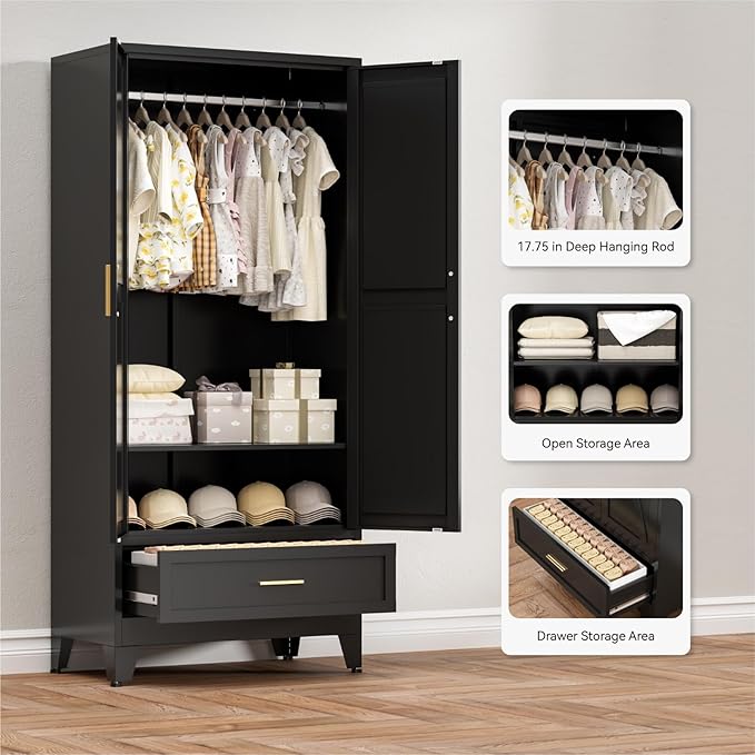 COFaR Metal Wardrobe Closet with Doors, 71'' Tall Armoire Wardrobe Closet with Drawer and Hanging Rod, Freestanding Farmhouse Bedroom Armoires for Bedroom Garage Office, Black