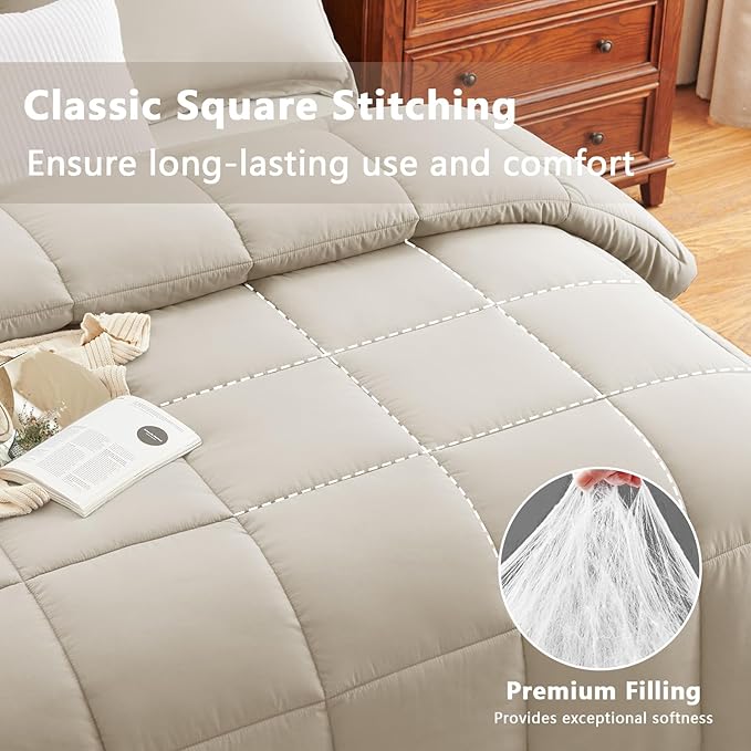 CozyLux Queen Comforter Set - 270GSM Beige Bedding Sets for All Seasons, 3 Pieces Box Stitched Bed Set with 1 Down Alternative Comforter and 2 Pillow Shams, Soft, Lightweight, Breathable