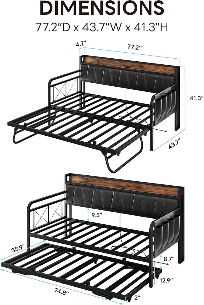 LIKIMIO Twin Daybed, Day Bed with Trundle, Storage Upholstered Headboard and Charging Station, Trundle Bed with Strong Supports for Living Room, Bedroom, and Guest Room, Black