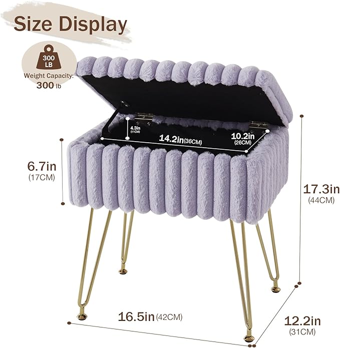 EBENCHICO Vanity Stool Chair with Storage, Faux Fur Stools for Vanity Makeup, Foot Stool Ottoman with 4 Metal Legs, Small Vanity Bench Seat Chairs for Living Room Bedroom