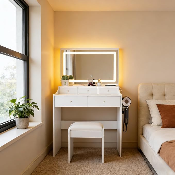 Casaphoria Large Makeup Vanity Desk with Mirror, 5 Drawers & Power Outlet for Bedroom - Modern Dressing Table with Adjustable LED Lights & Hair Dryer Holder, White