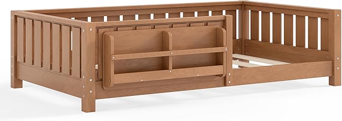 Bellemave Twin Size Kids Montessori Bed with Bookshelf,Solid Wood Twin Floor Bed Frame with Fence and Slats for Girls Boys,Low-Profile,Dark Natural