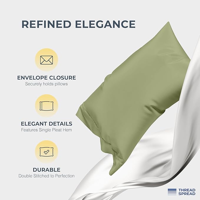 THREAD SPREAD 100% Egyptian Cotton Sheets California King Size - 1500 Series Cal King Sheets Egyptian Cotton (4 PC, Sage Green), Silky Soft, Sateen Weave, Cooling & Breathable, 17" Deep Pocket Bed Set