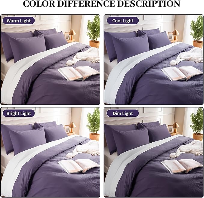 NEXHOME PRO 100% Washed Cotton Duvet Cover Full Size, Ogranic Natural Linen Feel Breathable Bedding Set with Zipper Closure, 3 Pieces Duvet Cover Set Eggplant (No Comfortert) 8090