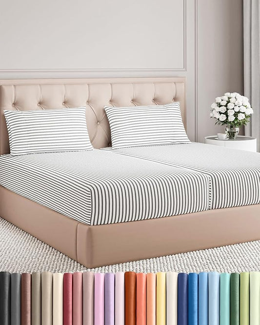 Split King Size 5 Piece Sheet Set - Comfy Breathable & Cooling Sheets - Hotel Luxury Bed Sheets for Women & Men - Deep Pockets, Easy-Fit, Soft & Wrinkle Free Sheets - Grey Stripes Oeko-Tex Bed Sheets