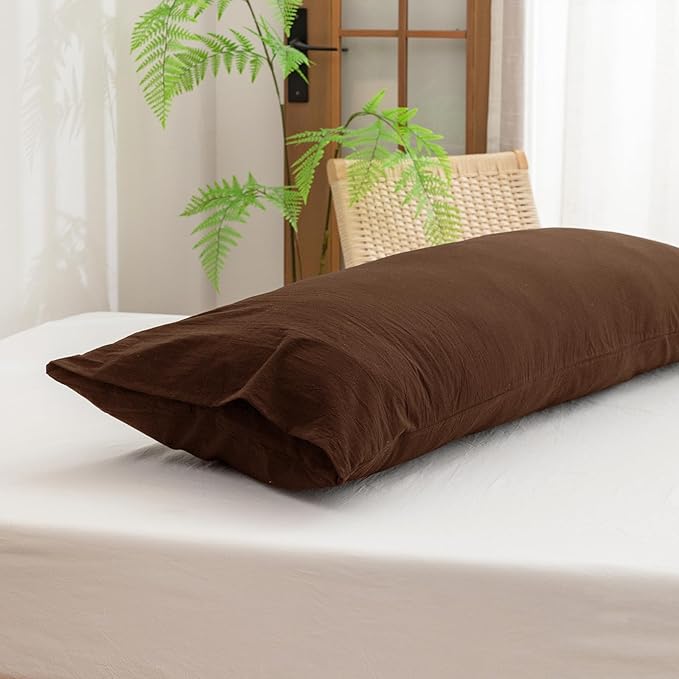 BESTOUCH 100% Washed Cotton Pillowcase for Hair and Skin Linen Feel Soft Comfortable Breathable 1 Pcs Pillow Case with Envelope Closure Solid Cocoa Brown Body 20x54 Inches