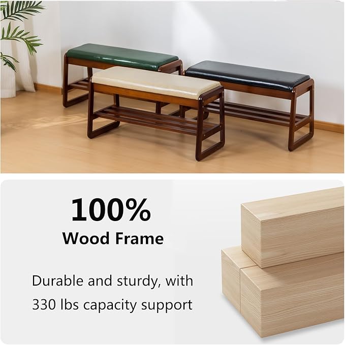 SOBIBO Shoe Bench with Storage - 2-Tier Entryway Bench, Solid Wood Shoe Rack with Cushion & Flip-Open Box, Mid-Century Modern for Hallway, Mudroom, Bedroom (Black, 31.5'')