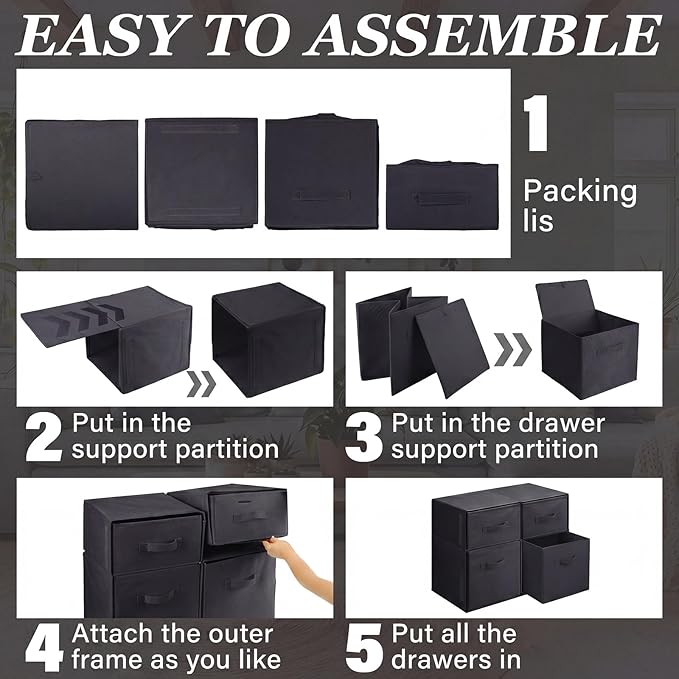 Weysat 4 Cube Stackable Under Dorm Bed Storage Container Foldable Closet Drawer Organizer Fabric Storage Cube Bins for Dorm Essentials College Closet Bedroom Living Room Nursery(Black,17.72 Inch)