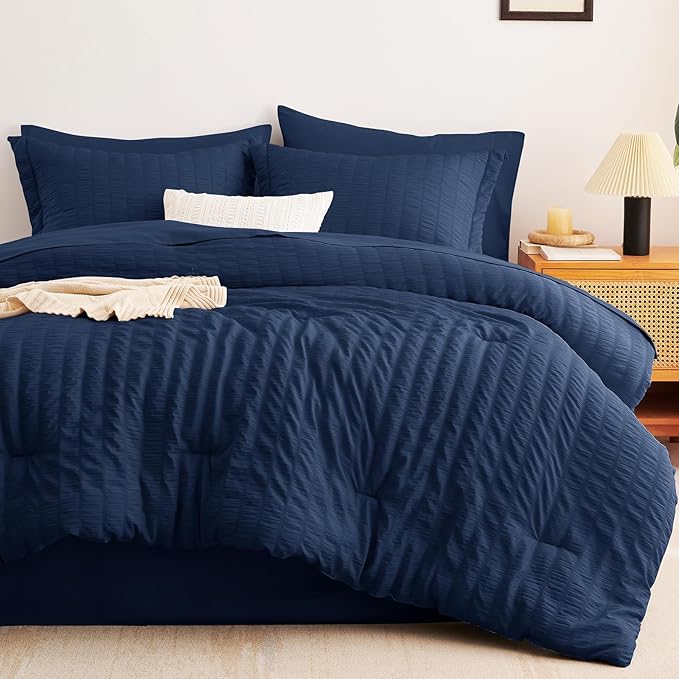 CozyLux King Size Comforter Set Navy Blue Seersucker 7 Pieces Bed in a Bag King Comforter Set with Sheets, Luxury Soft Bedding Sets with Down Alternative Comforter, Sheets, Pillowcases & Shams