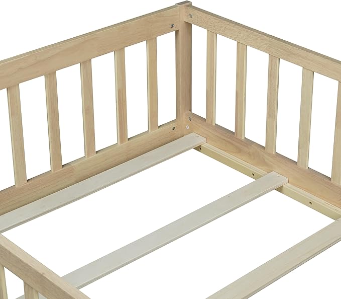 Bellemave Twin Floor Bed with Slats and Door, Twin Size Montessori Floor Bed with Fence and Door, Easy Assemble Montessori Beds Frame for Girls, Boys, Natural