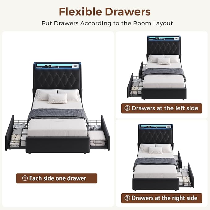 Twin LED Velvet Bed Frame with 2 Storage Drawers&Hidden Headboard, Upholstered Platform Bed with Charging Station&Button Tufted Design, Wooden Slats Support, Box Spring Optional, Easy Assembly, Black