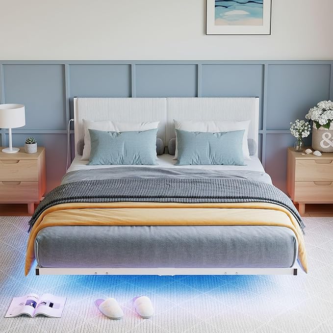 Queen Bed Frame,Floating Bed Frames Queen Size with LED Lights & Charging Station,Modern Queen Platform Bed Frame with Upholstered Headboard,Heavy Duty Steel Slats,No Box Spring Needed,No Noise,White