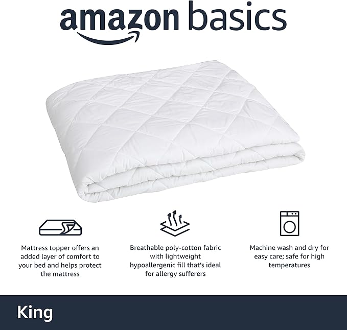 Amazon Basics Hypoallergenic Quilted Breathable Mattress Topper Pad with Protection, 18 Inches Deep, King Size, White