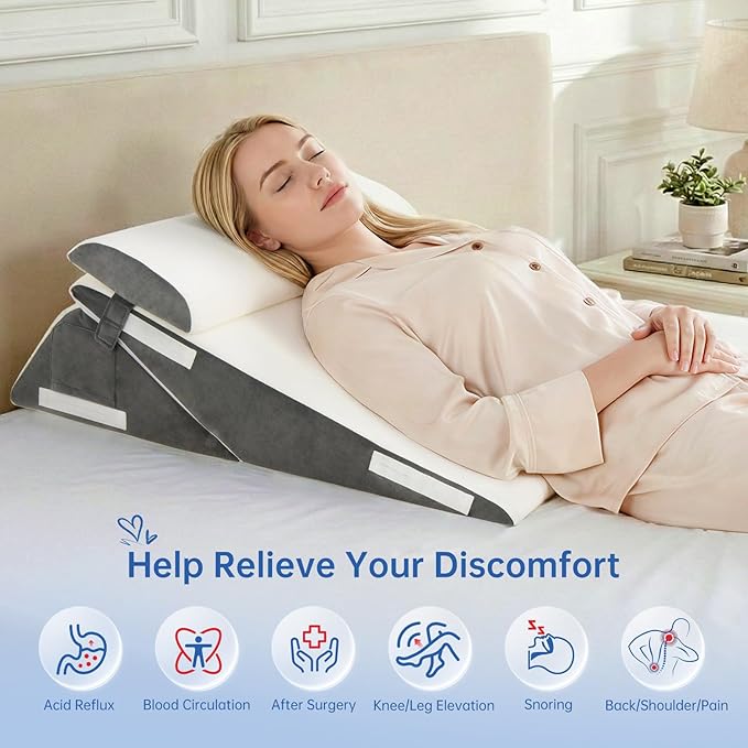 Vekkia 7-in-1 Adjustable Wedge Pillow Set for After Surgery – 2PCS Extra-Wide Bed Wedge Pillow for Adults, Ergonomic Headrest, Washable Cover for Acid Reflux, Back Pain, Sleeping, Snoring, White/Grey