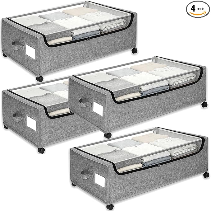 Under Bed Storage with Wheels, 4-Pack Under the Bed Storage Containers with Clear Lids & Label, Underbed Storage Bins, XXXL 85L 11 inches Rolling Metal Drawer for Clothes, Shoes, Toys, Books - Gray