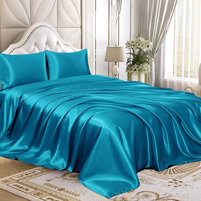 Homiest 3pcs Satin Sheets Set Luxury Silky Satin Bedding Set with Deep Pocket, 1 Fitted Sheet + 1 Flat Sheet + 1 Pillowcase (Twin Size, Turquoise)