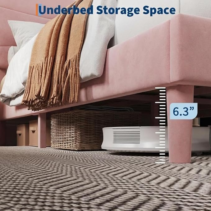 IDEALHOUSE Full Upholstered Platform Bed Frame with Ergonomic Headboard, Beige Soft Fabric, Heavy Duty Wooden Slats, Noise-Free, 6.3" Underbed Storage, No Box Spring Needed, Easy Assembly