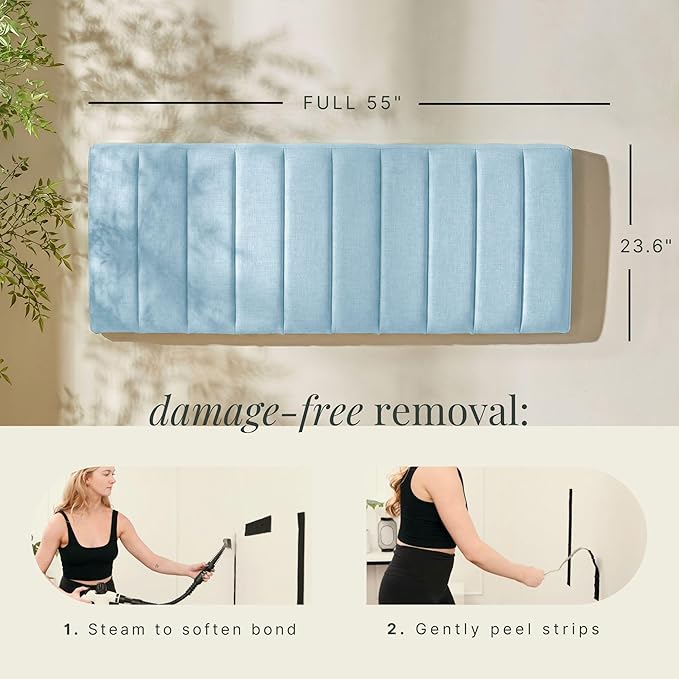 Hearth & Harbor Upholstered Full Headboard - Easy Assemble Channel Stitched Headboard Full Size - Wall Mounted Headboards with 3D Soundproof Wall Panels Peel & Stick Floating Headboards, 08-Ice Blue