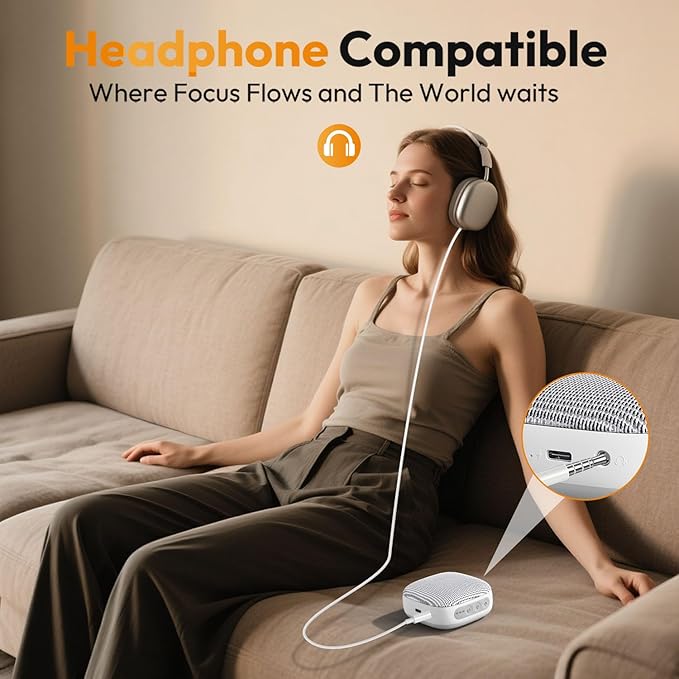 Portable Sound Machine for Travel, White Noise Sound Machine for Sleeping, 52-Hour Lasting Mini Noise Machine with 21 Quality Non-looping Sounds, Headphone Jack, Memory, Timer for Adults,Hotel (White)