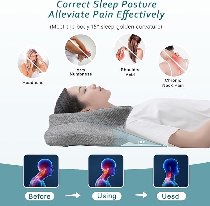 CHxxy Cervical Neck Pillow for Pain Relief Sleeping, Memory Foam Pillows, Ergonomic Side Sleeper Pillows, Orthopedic Neck Support Pillow for Back Stomach Sleepers-King Size Grey&Grey