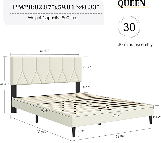 Queen Bed Frame, Padded Platform Bed Frame with Velvet Headboard, Vertical Quilted Design, Sturdy Slatted Mattress Base, No Spring Mattress Required, Easy to Assemble, Beige